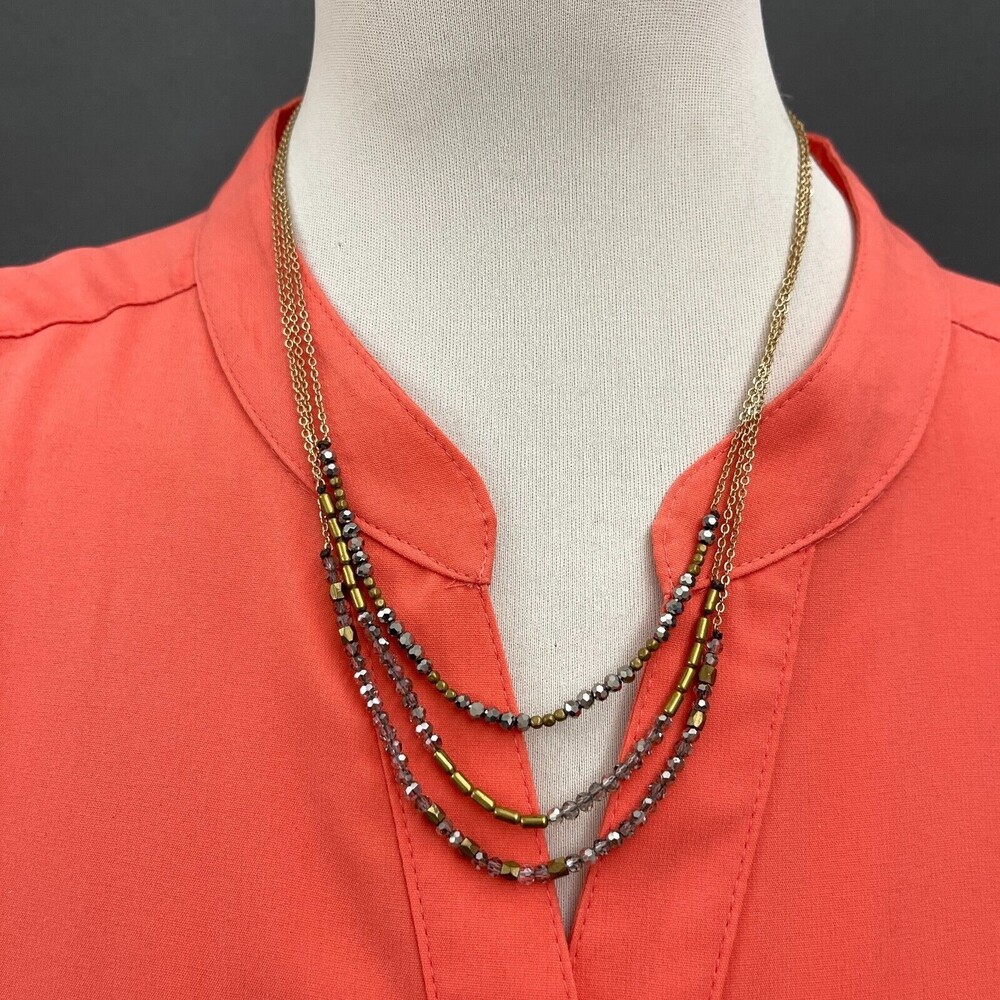 Gray Gold-tone Beaded Strands Women's Fashion Necklace NWOT
